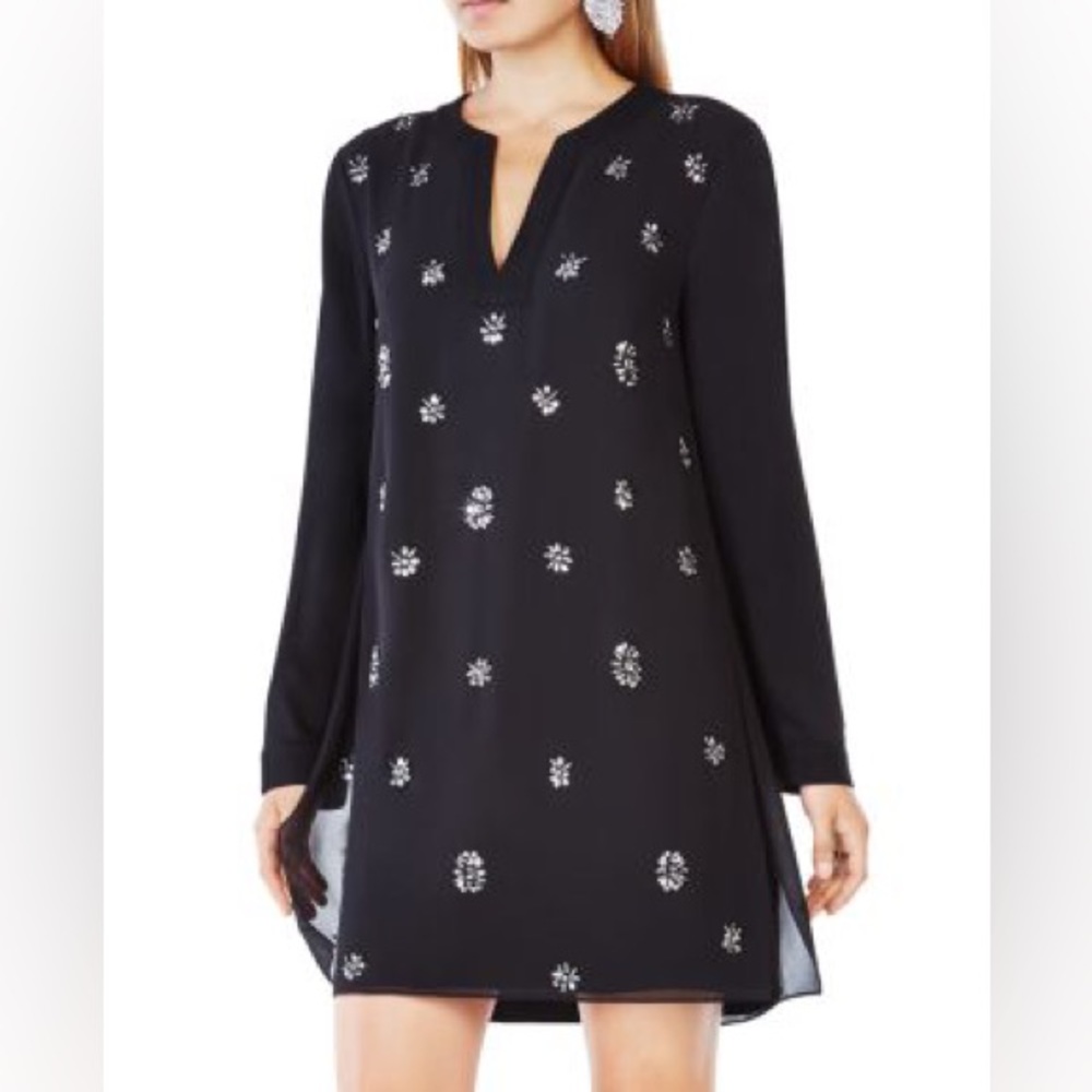 BCBGMAZAZRIA black beaded long sleeve Dayanne dress.